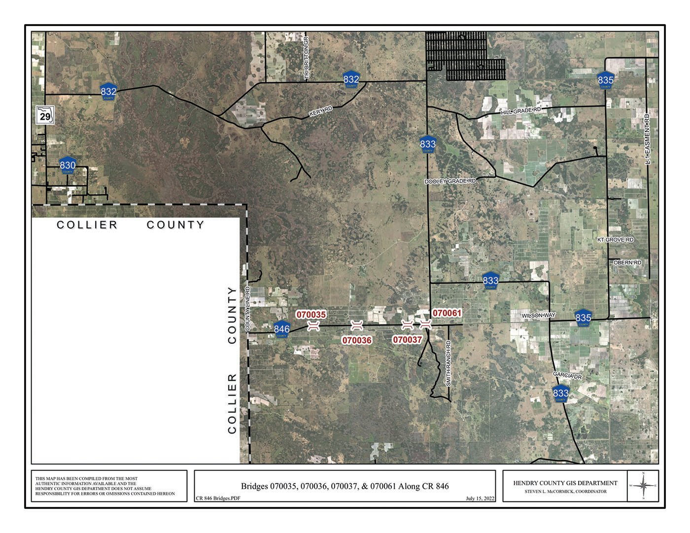 Map showing County Road 846 bridges